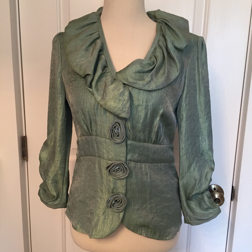SAMUEL DONG TOP BLOUSE GREEN SHIMMER ROSETTES Size S